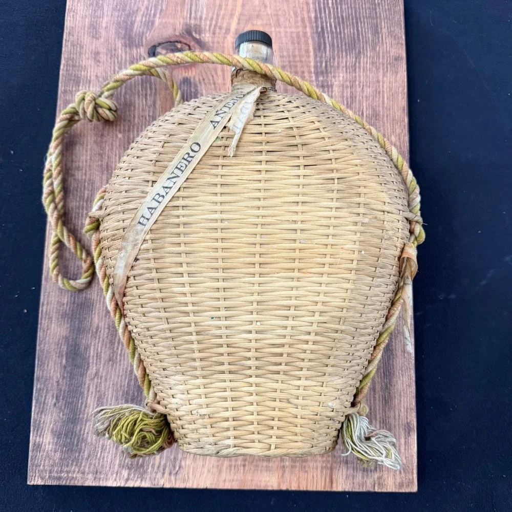 Vintage Habanero Anejo Wicker Wrapped Tequila Bottle Glass Decanter Rope Strap